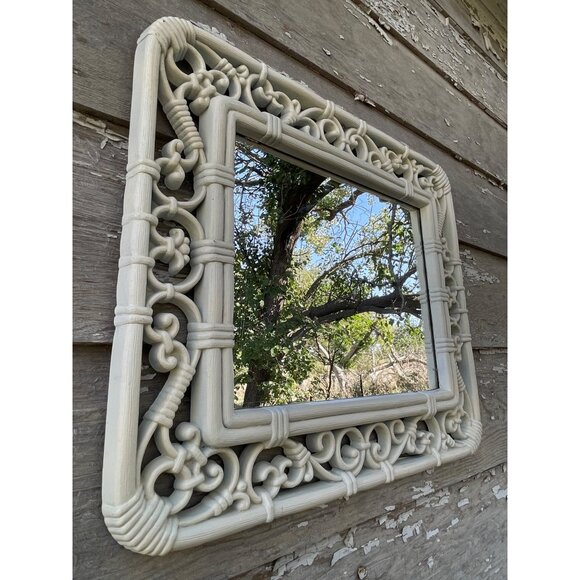 Vintage 1970s Syroco Homco White Faux Wicker Rattan Wall Mirror 14.5x12.5 - Picture 12 of 15